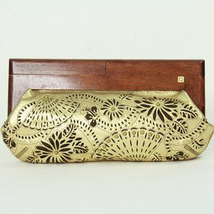 Rafē New York Gold Leather and Wood Clutch